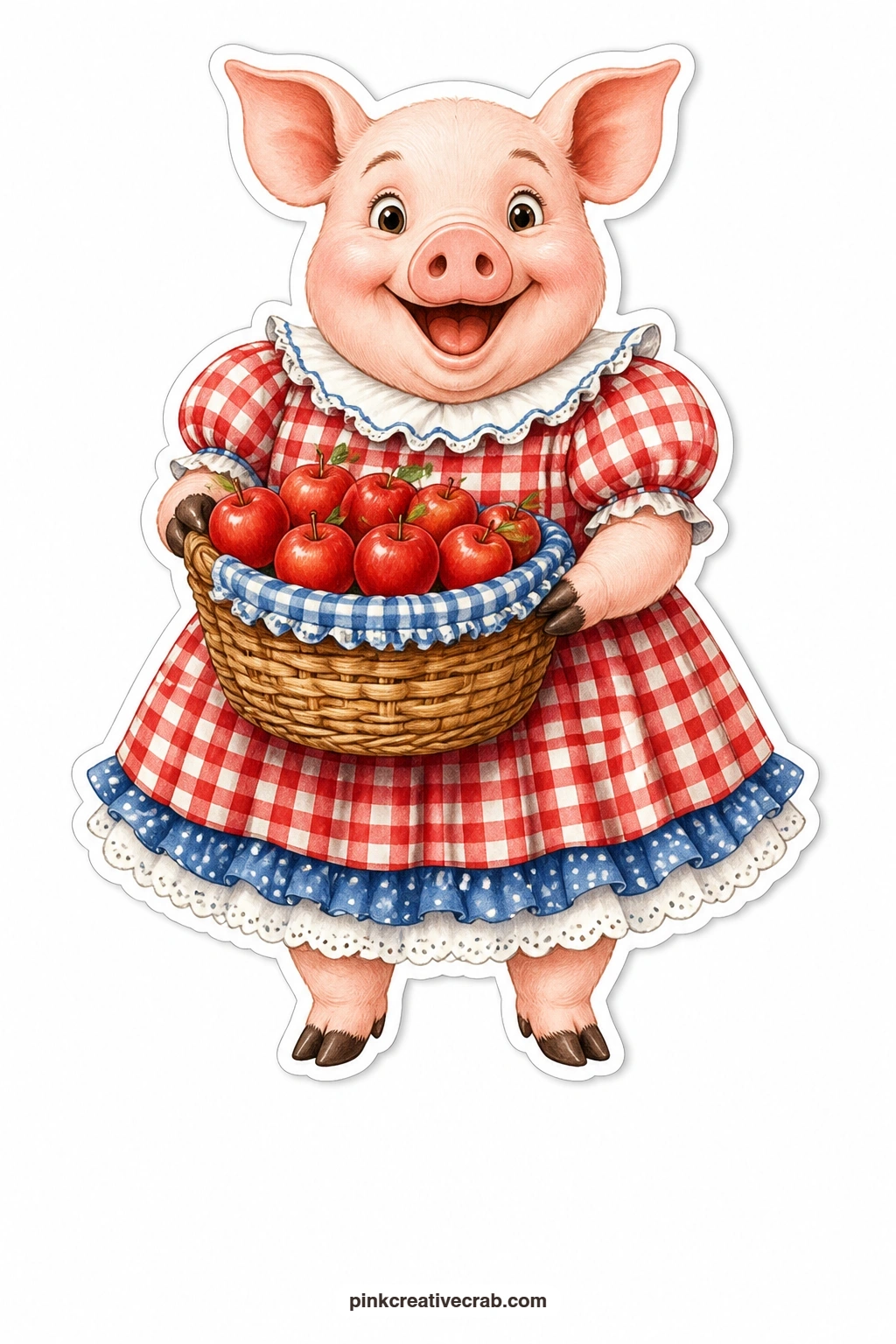 The Apple Basket Pig printable page — Delighted and round-cheeked, this pig wears a gingham dress and carries a basket piled high with apples, perfect for an