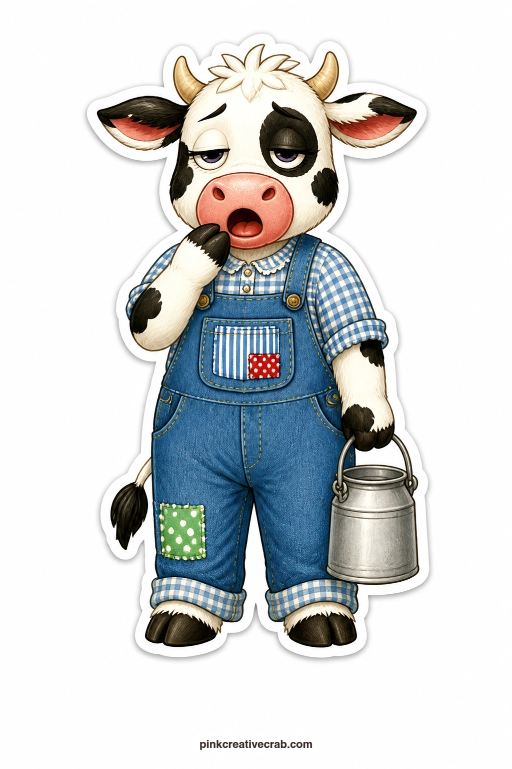 The Sleepy Milk Pail Cow printable page — Half asleep and still blinking, this cow in denim overalls shuffles along with a tin milk pail swinging from one