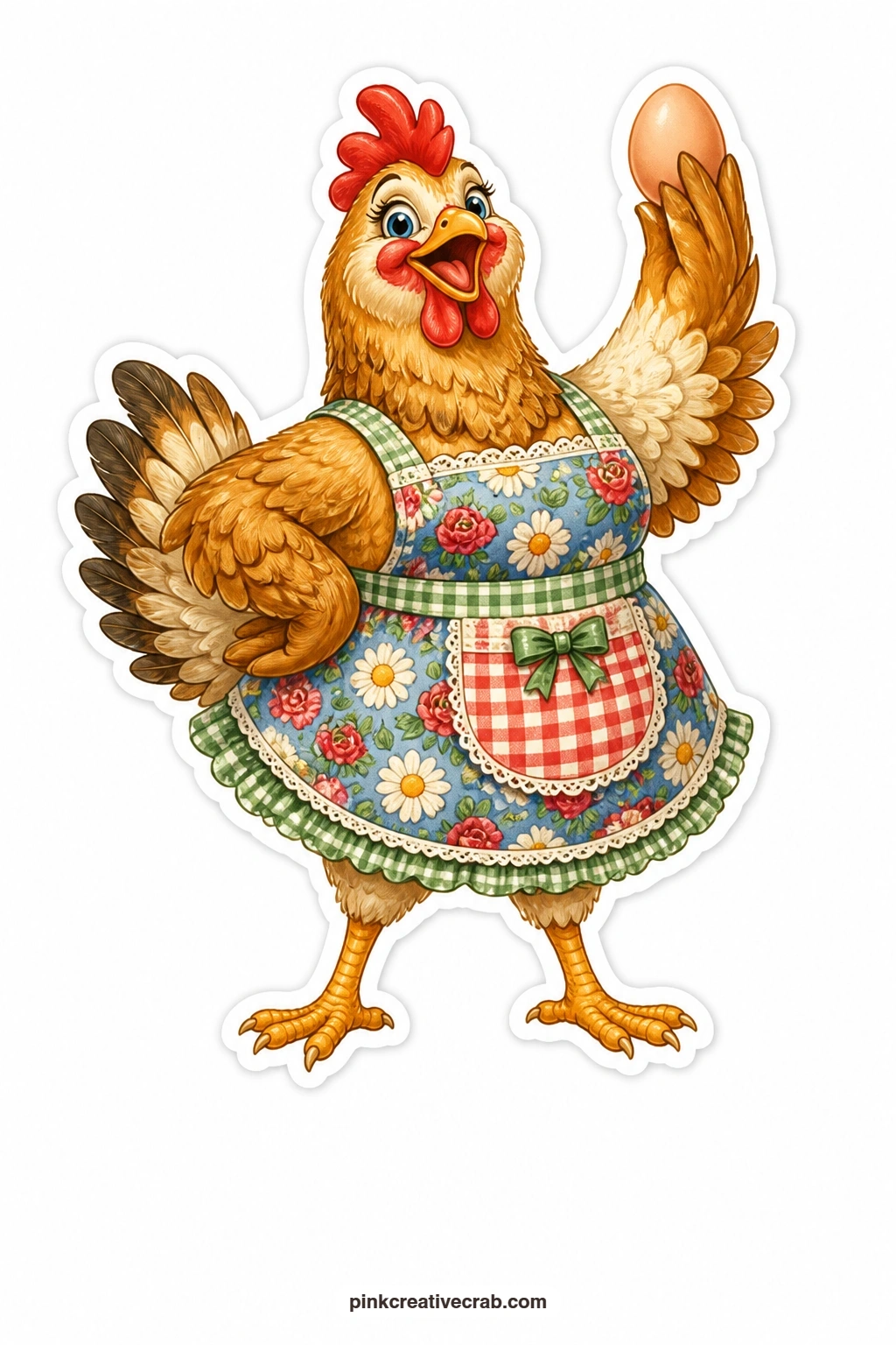 The Proud Egg Hen printable page — Chest puffed out and beaming, this hen wears a floral apron and holds a fresh egg high overhead like a trophy, a natural fit