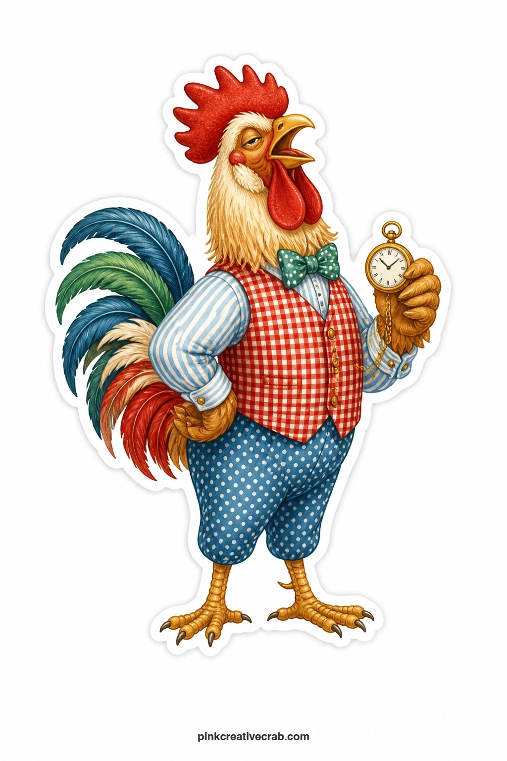 The Smug Rooster with a Pocket Watch printable page — Mounted on foam dots so he lifts slightly off the page, this rooster struts in a tidy waistcoat, crowing