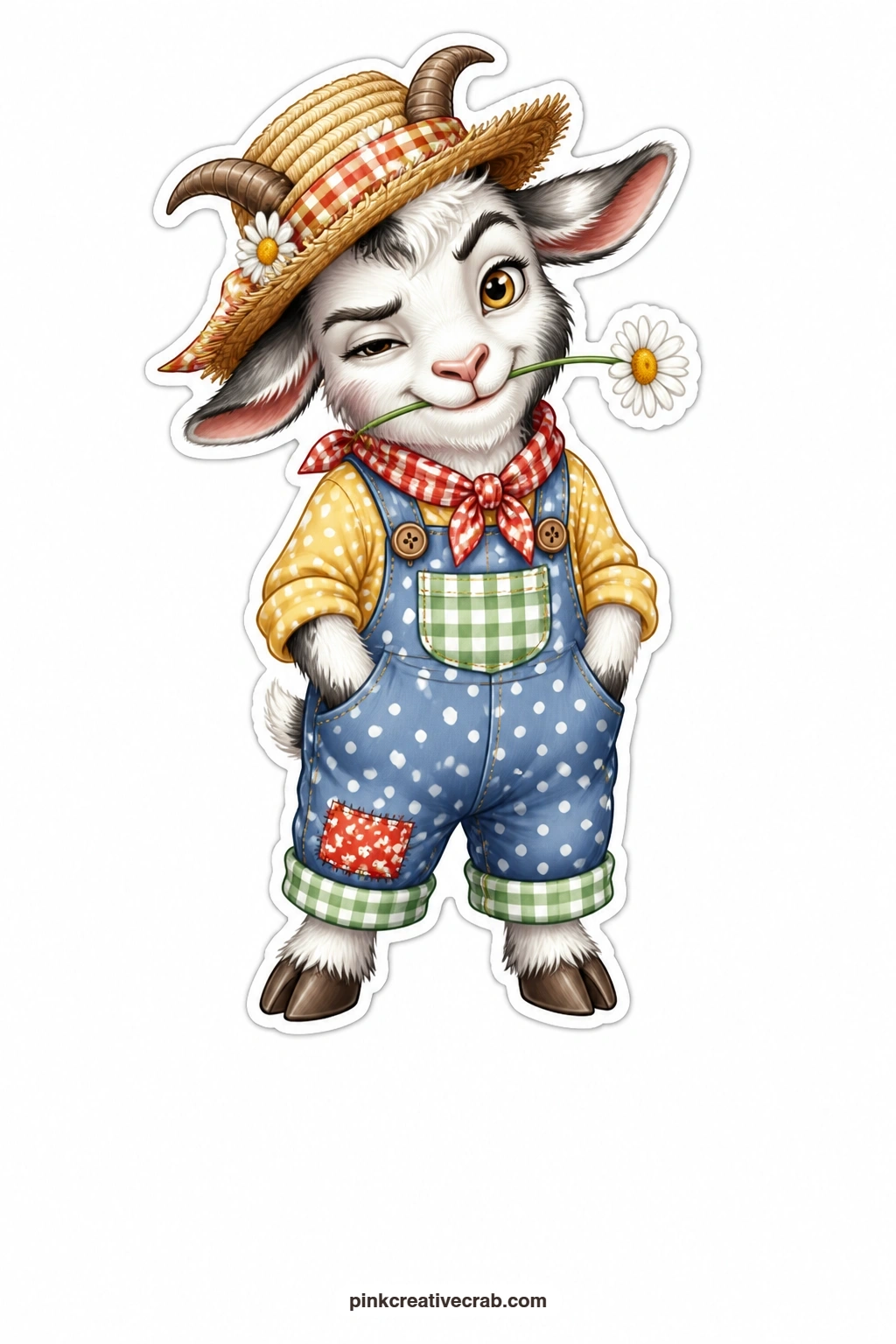 The Mischievous Flower Goat printable page — Wearing a battered straw hat and chewing on a daisy with a sly sideways grin, this goat is the troublemaker of the