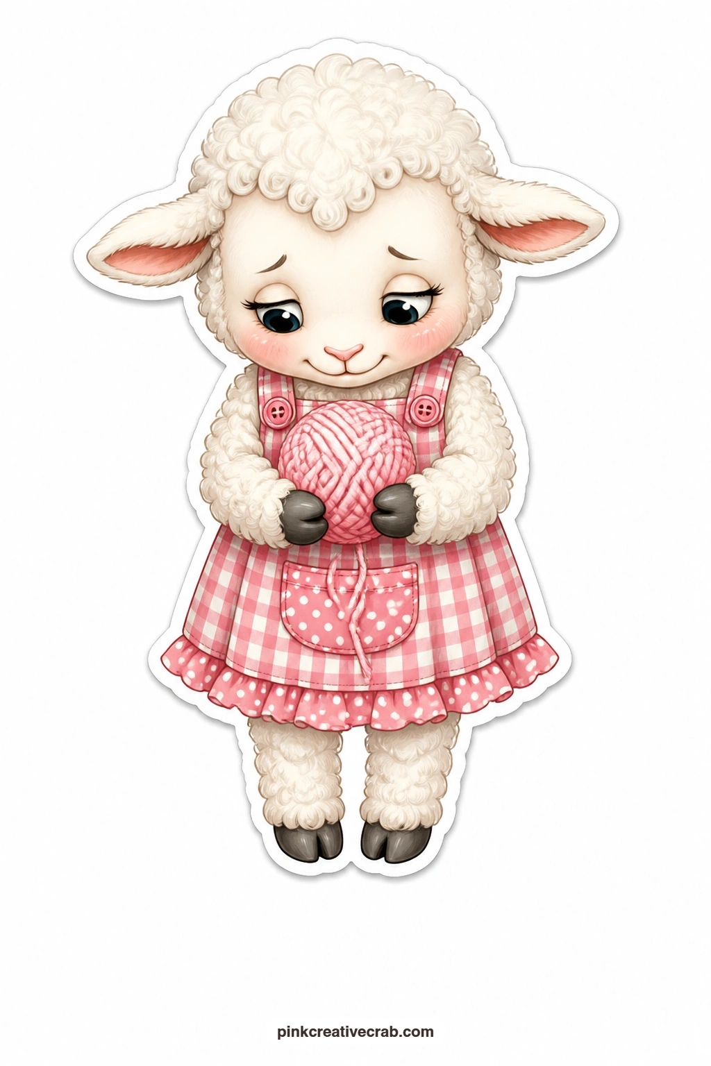 The Shy Wool Lamb printable page — Cheeks pink and eyes lowered, this lamb in a pink pinafore clutches a soft ball of wool, the gentlest doll in the whole set.