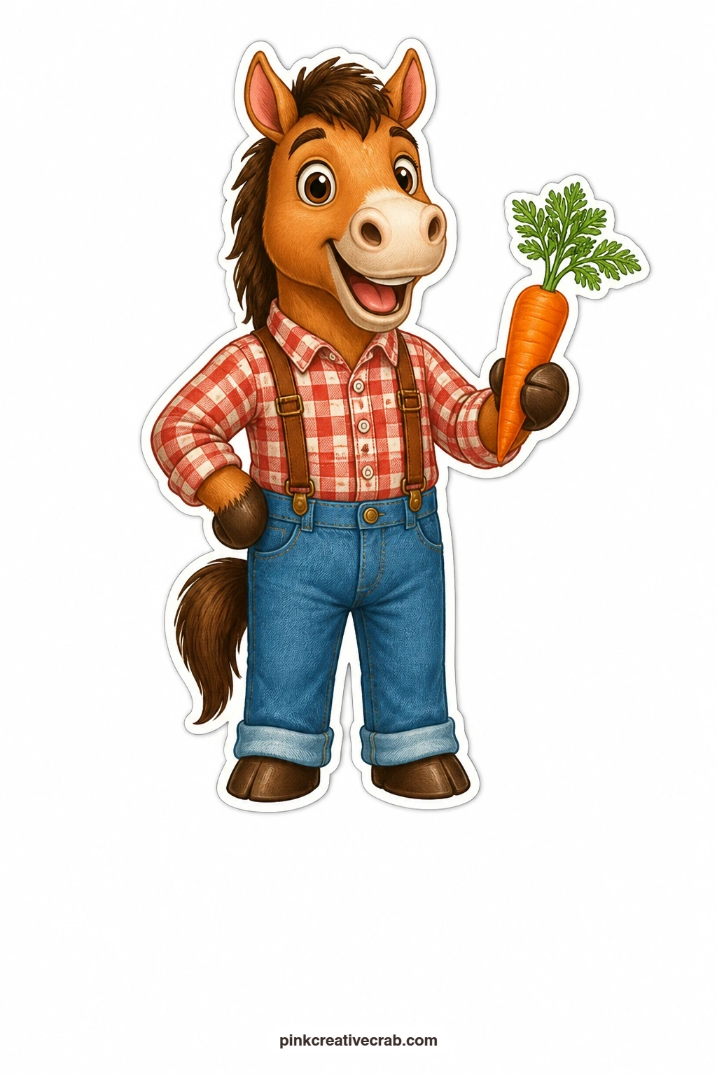 The Cheerful Carrot Horse printable page — Grinning wide in a plaid shirt and holding out a carrot like an offering, this horse brings an easy, friendly energy