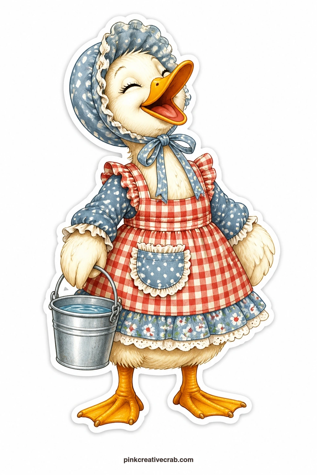 The Giggling Duck in a Bonnet printable page — Mid giggle with her bonnet slightly askew, this duck in polka dots swings a little pail of water, splashing