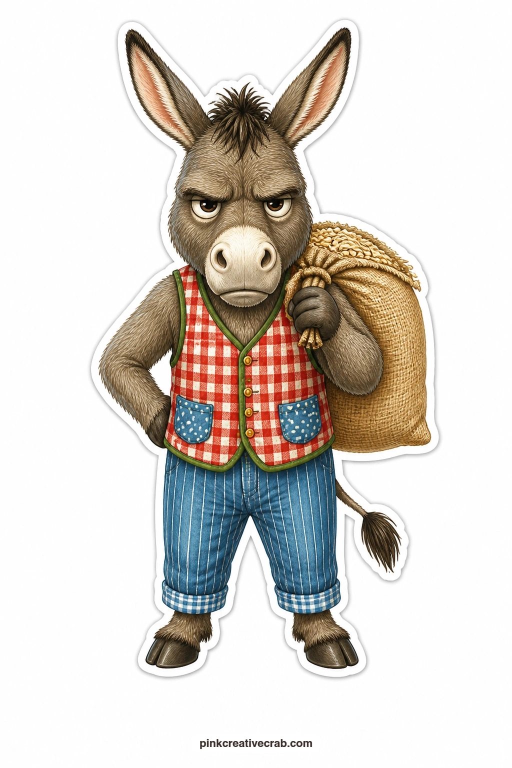 The Grumpy Oat Sack Donkey printable page — Mouth set in a flat, unimpressed line, this donkey hauls a heavy sack of oats over one shoulder in a snug little