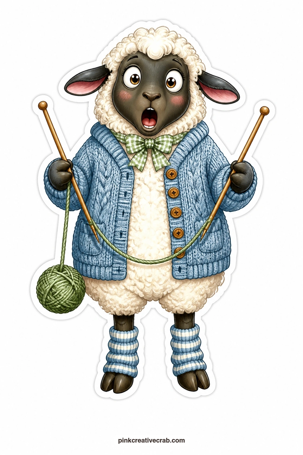 The Amazed Knitting Sheep printable page — Eyes wide with wonder at her own handiwork, this sheep in a knitted cardigan holds up a pair of knitting needles