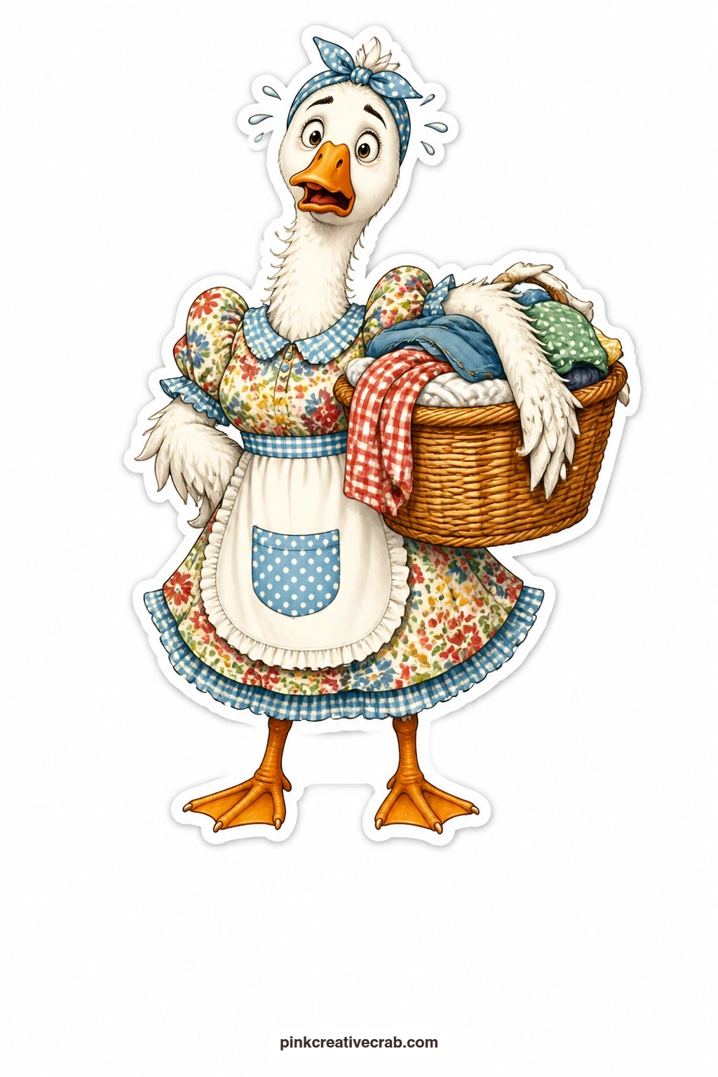 The Flustered Laundry Goose printable page — Feathers slightly ruffled and eyes wide with worry, this goose in a calico dress hurries along with a laundry