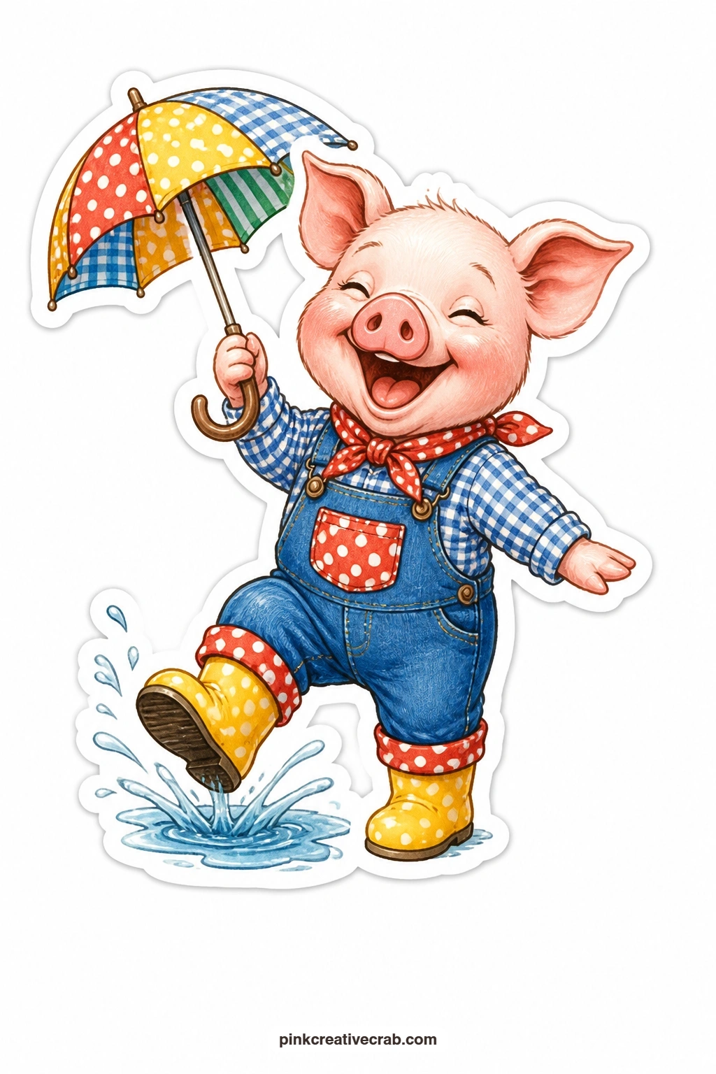 The Laughing Puddle Piglet printable page — Rain boots on and laughing with delight, this little piglet splashes through a puddle under a tiny umbrella, a