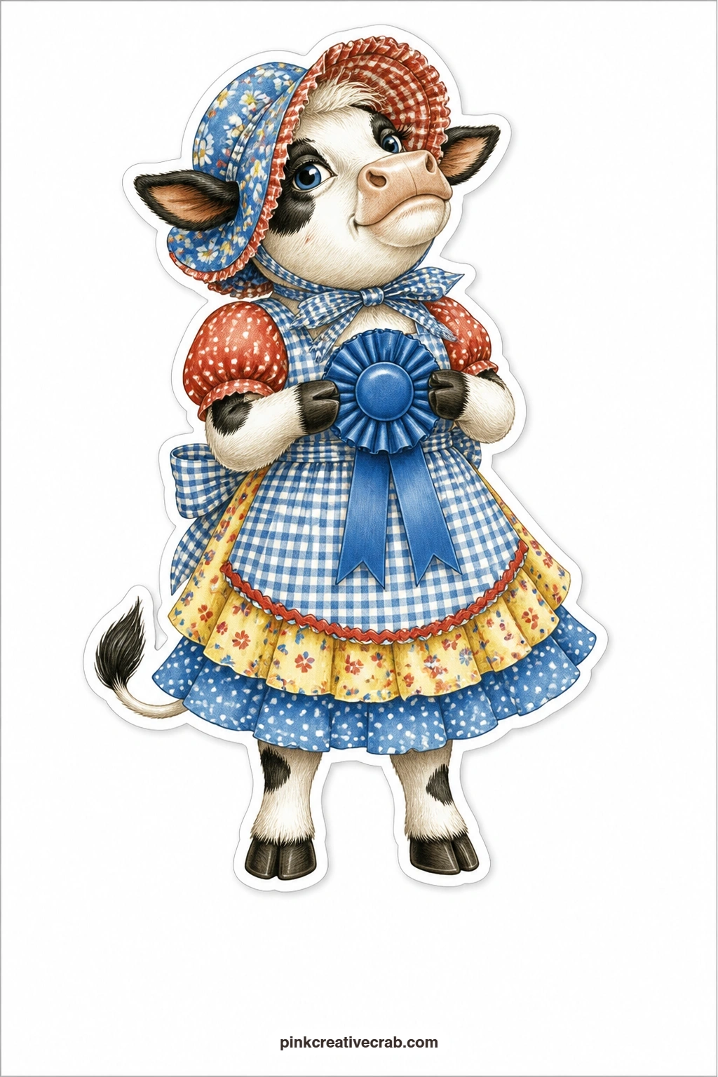 The Prize Ribbon Cow printable page — Chin held high in a crisp sunbonnet, this cow displays a blue prize ribbon pinned proudly to her chest, a natural fit for