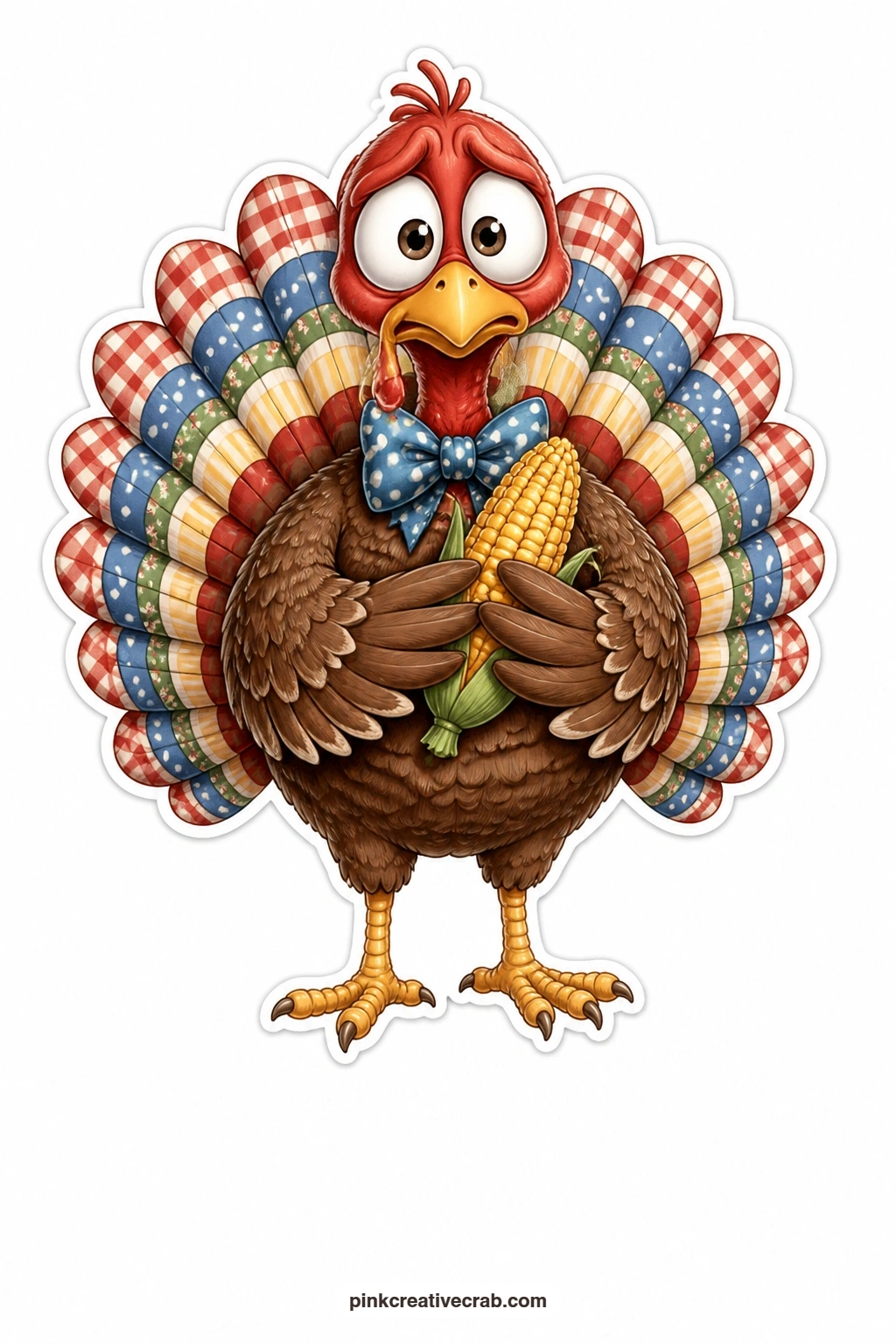The Nervous Bow Tie Turkey printable page — Feathers slightly flattened with nerves, this turkey in a smart bow tie clutches a corn cob like a lucky charm