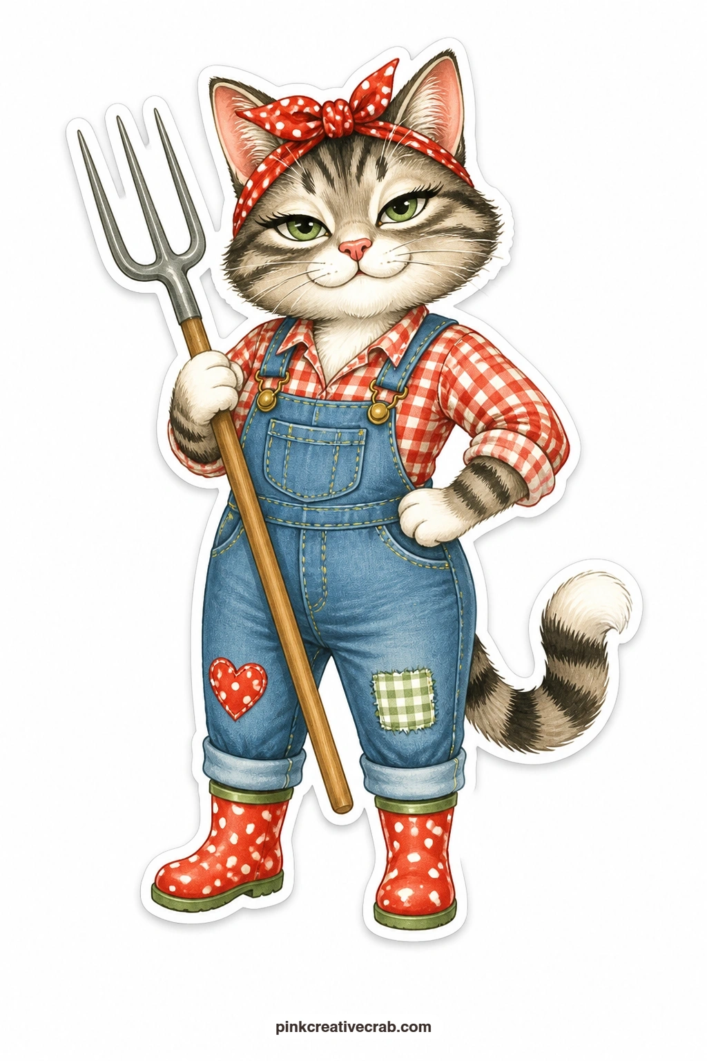 The Sassy Pitchfork Farm Cat printable page — One paw on her hip and a smirk on her face, this farm cat in overalls holds a tiny pitchfork like she owns the