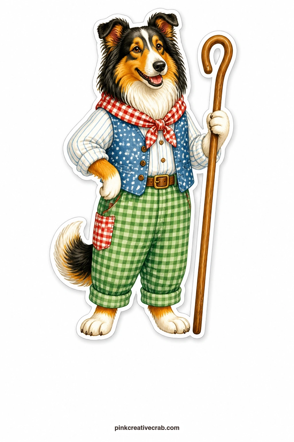 The Proud Shepherd Collie printable page — Standing tall with his neckerchief neatly tied, this collie holds a shepherd's crook and gazes out like he has just