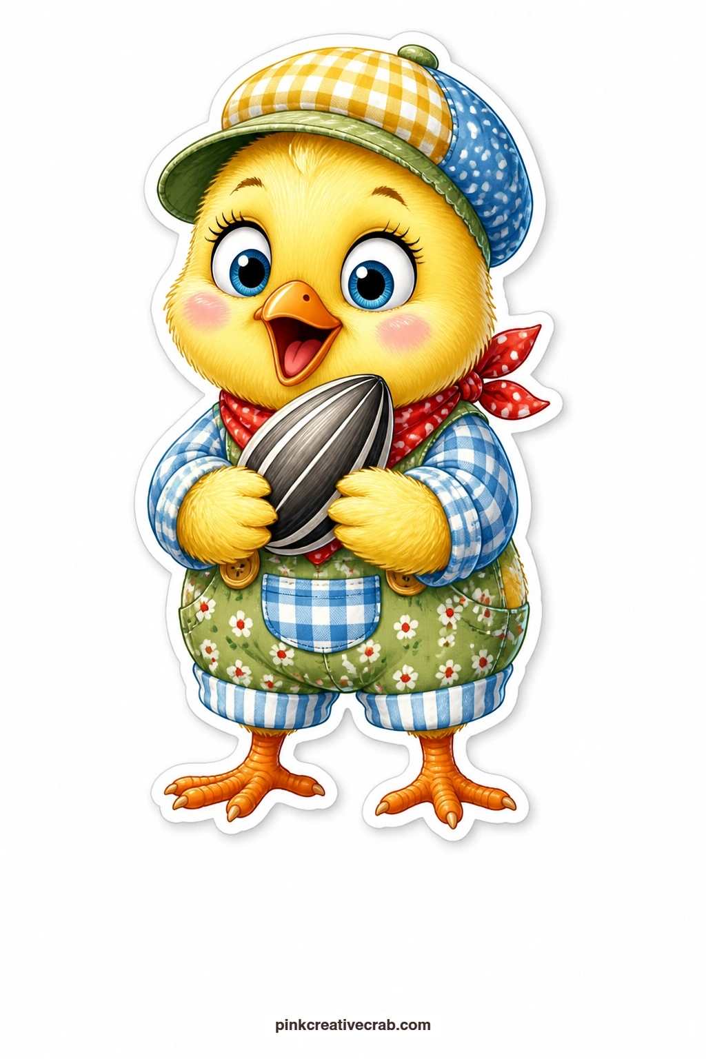 The Excited Sunflower Chick printable page — Bouncing with excitement in a tiny cap, this chick holds a single sunflower seed with both wings as if it were