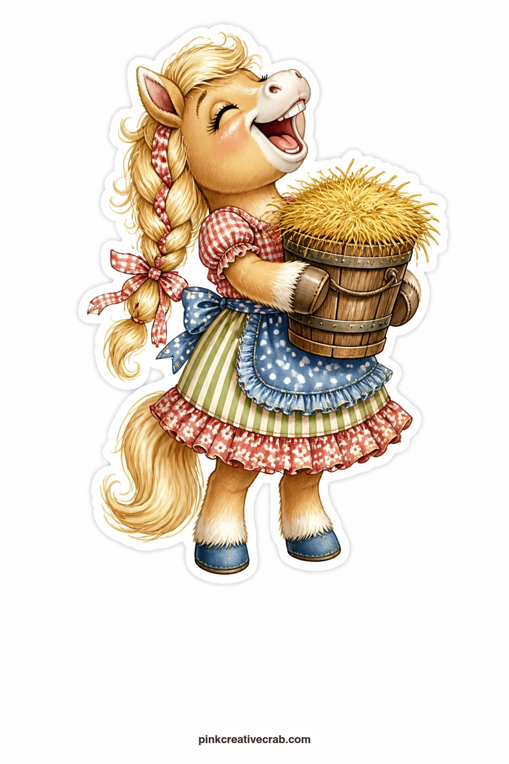 The Giggling Ribbon Pony printable page — A bright ribbon braided into her mane, this pony giggles while lugging a bucket of hay nearly as big as she is, legs