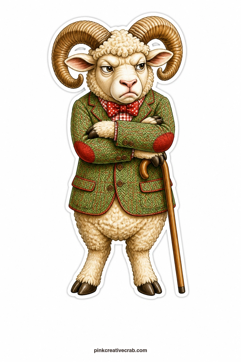 The Pouting Tweed Ram printable page — Arms crossed and lower lip jutting out, this ram in a sharp tweed jacket leans on a wooden cane, utterly unwilling to