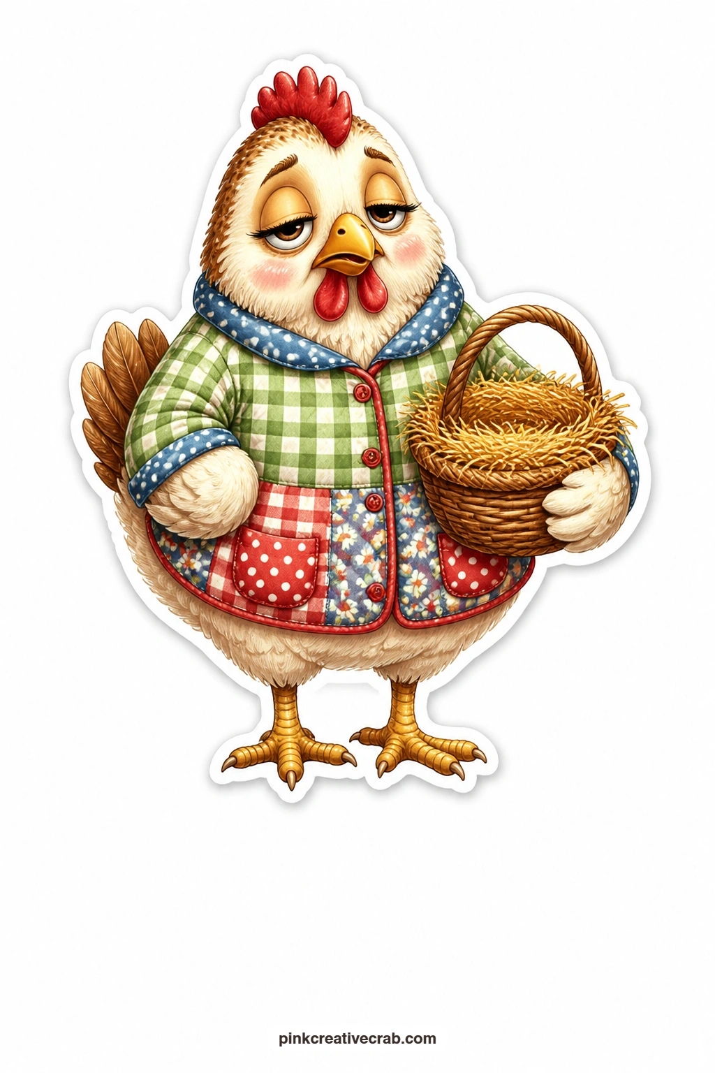 The Sleepy Nest Hen printable page — Eyes half shut and feathers soft, this hen in a quilted jacket carries a woven nest basket like she might lie right back