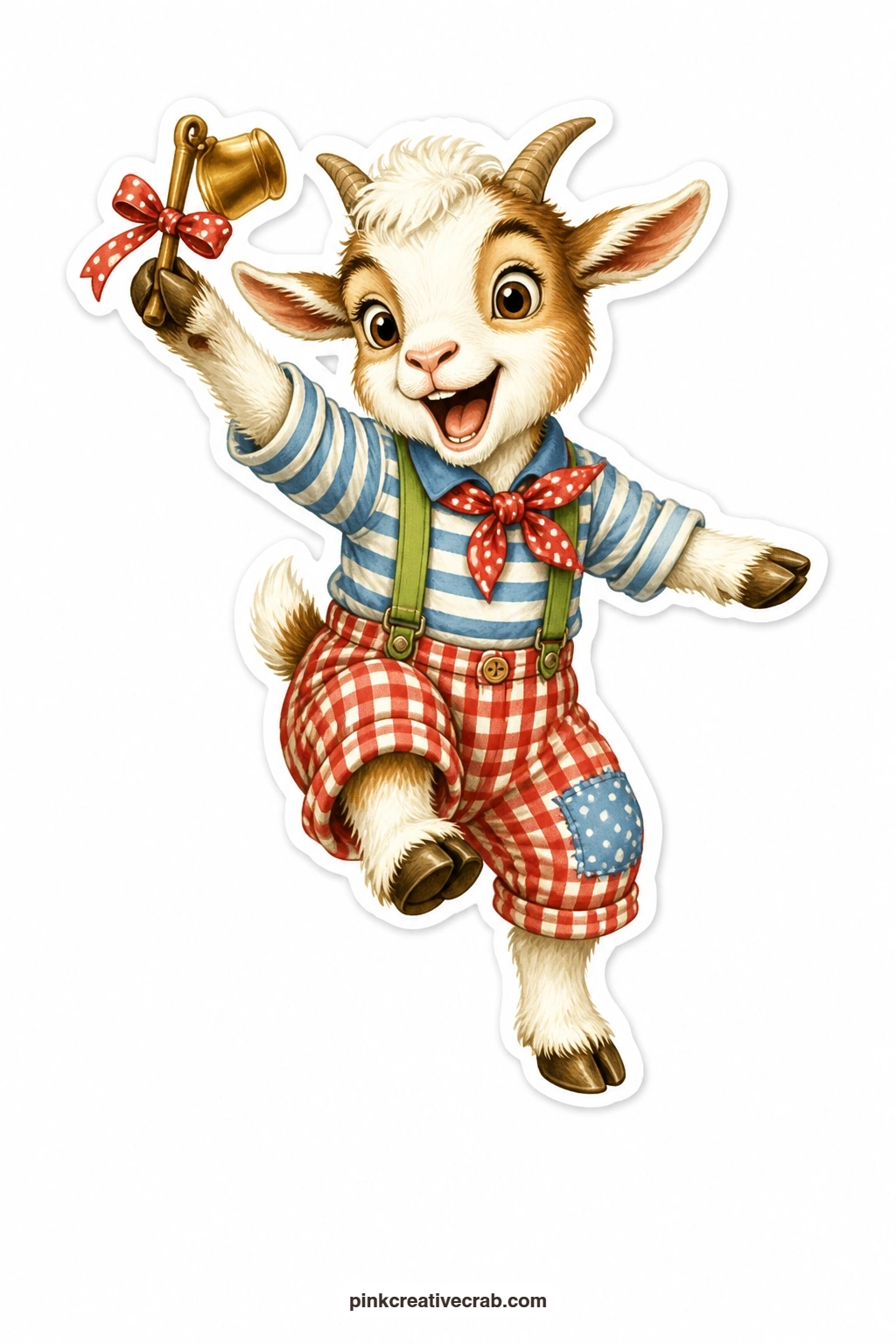 The Joyful Bell Goat Kid printable page — Mid skip with pure joy on its face, this little goat kid in a striped shirt holds up a small bell tied to a ribbon