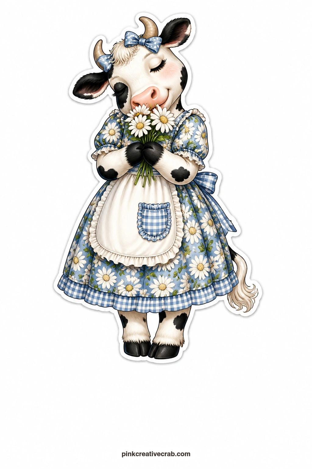 The Dreamy Daisy Cow printable page — Eyes half closed and smiling softly, this cow in a floral dress lifts a small bunch of daisies to her nose, lost entirely