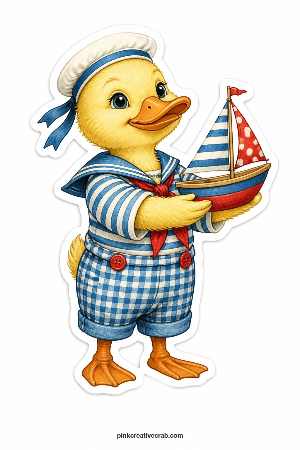 The Proud Sailor Duckling printable page — Standing at attention in a crisp sailor hat, this duckling holds a tiny toy boat out front like a prized possession