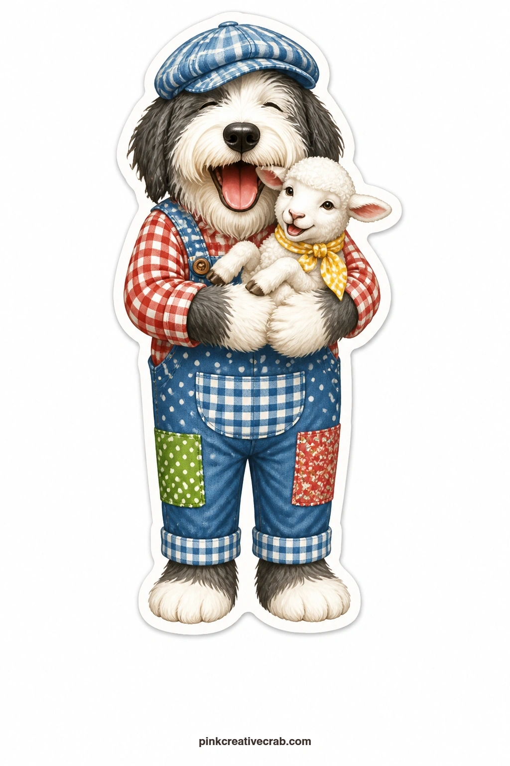 The Laughing Sheepdog with a Lamb printable page — Cap slightly crooked from the effort, this sheepdog laughs warmly while carrying a small lamb tucked against