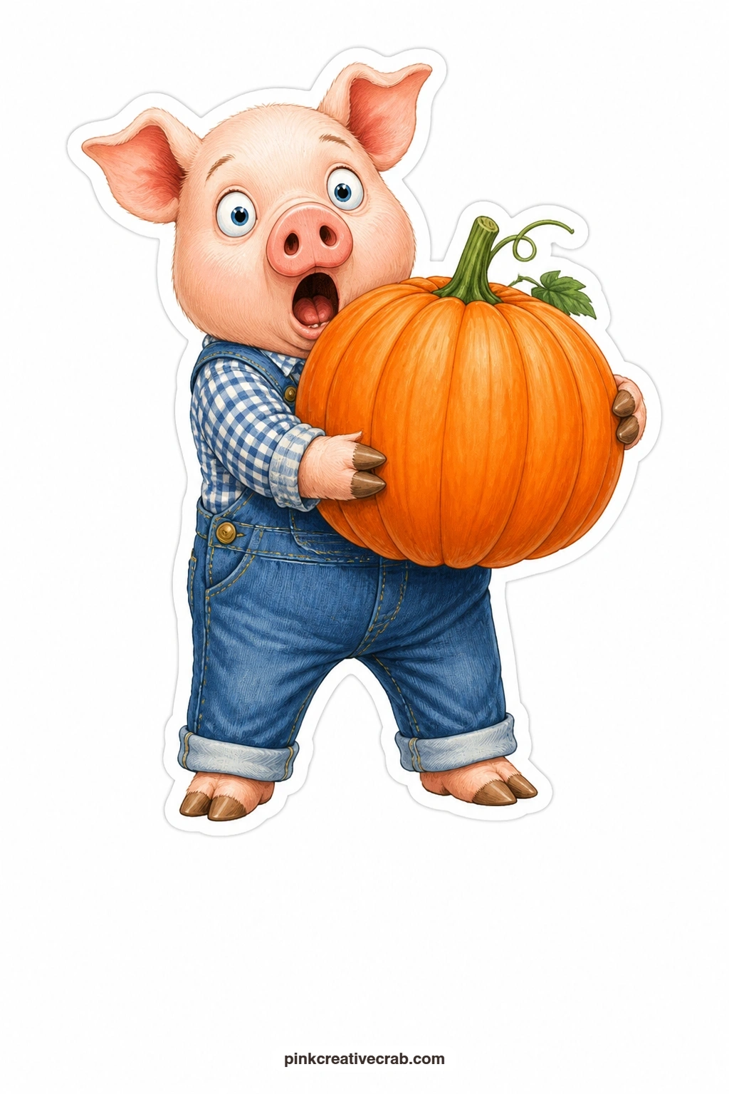 The Shocked Pumpkin Pig printable page — Eyes popped wide in total disbelief, this pig in dungarees struggles to hold a pumpkin nearly as big as its whole
