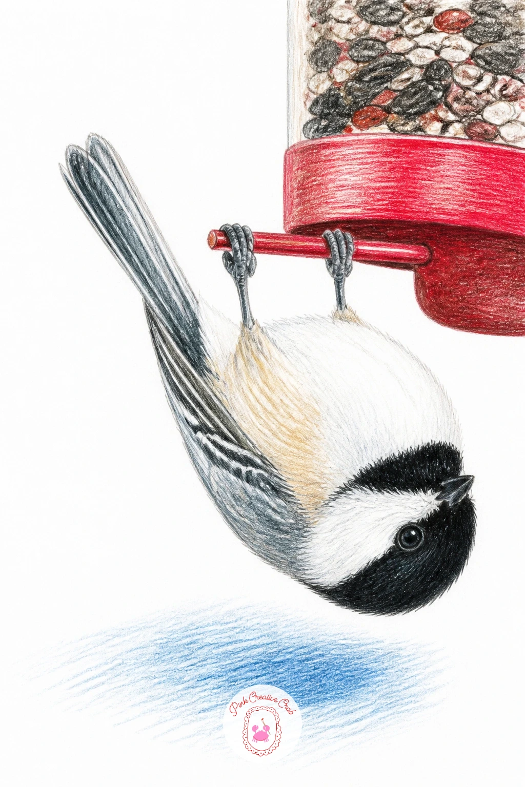 Upside Down Chickadee On Feeder — Start with a chickadee, since its round body and oversized head make it the friendliest bird to draw first. Birds drawing