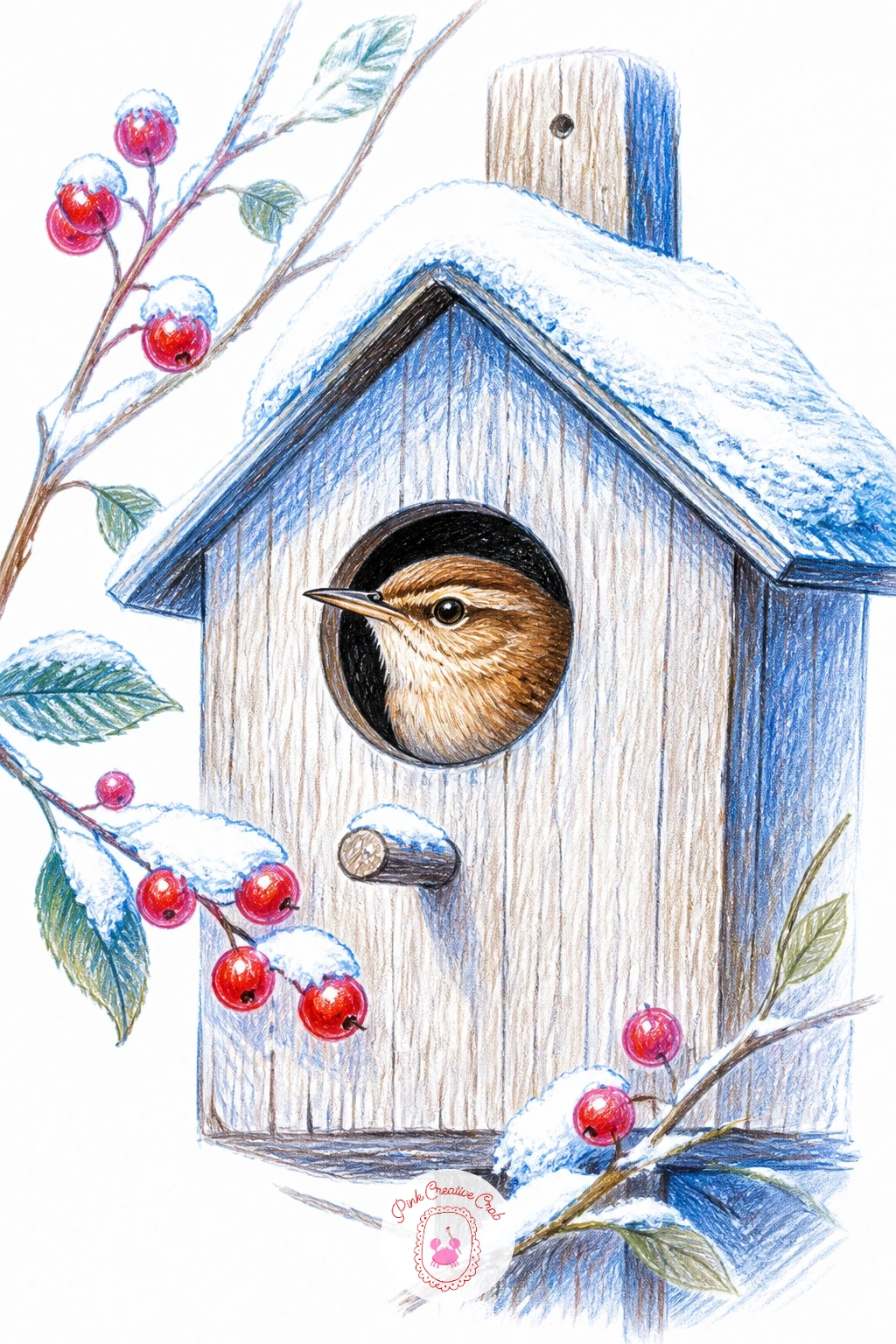Wren In Snowy Birdhouse — Move next to a wren peeking out of a wooden birdhouse, a pose that lets you practice drawing just the front half of a bird. Birds