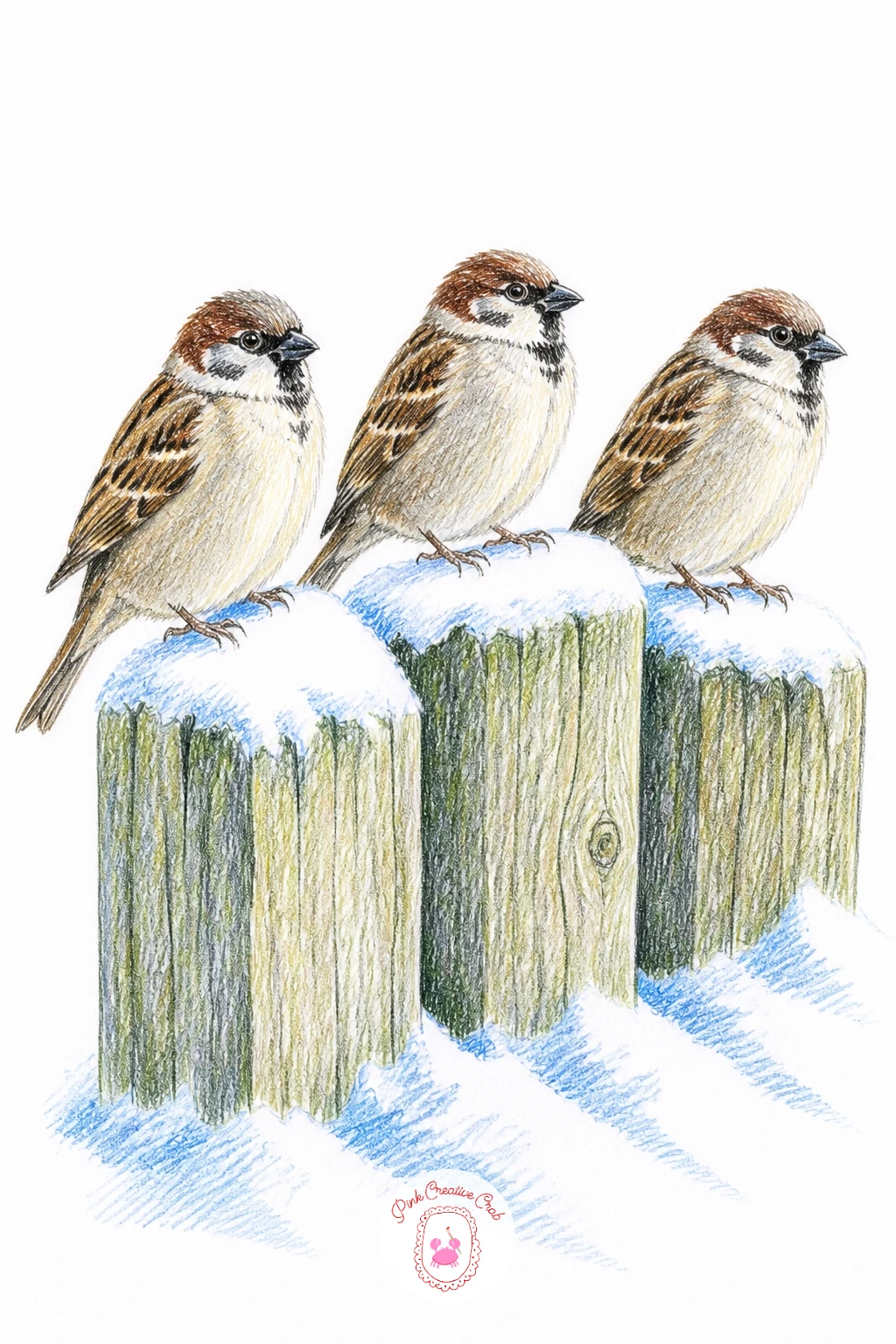 Three Sparrows On Fence Post — Line up three sparrows along a snowy fence post next, a composition that teaches you to repeat a shape with small variation