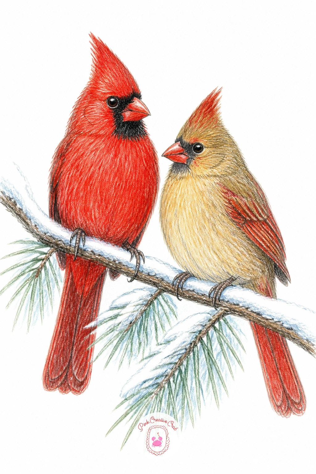 Pair Of Cardinals On Snowy Branch — Give yourself one of your two cardinals here, sharing a branch with its softer brown mate. Birds drawing