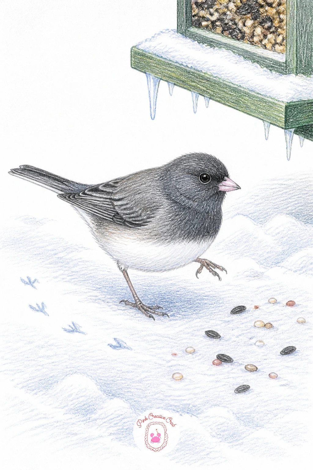 Junco Hopping In Fresh Snow — Move down to the ground for a dark-eyed junco hopping through fresh snow beneath a feeder. Birds drawing