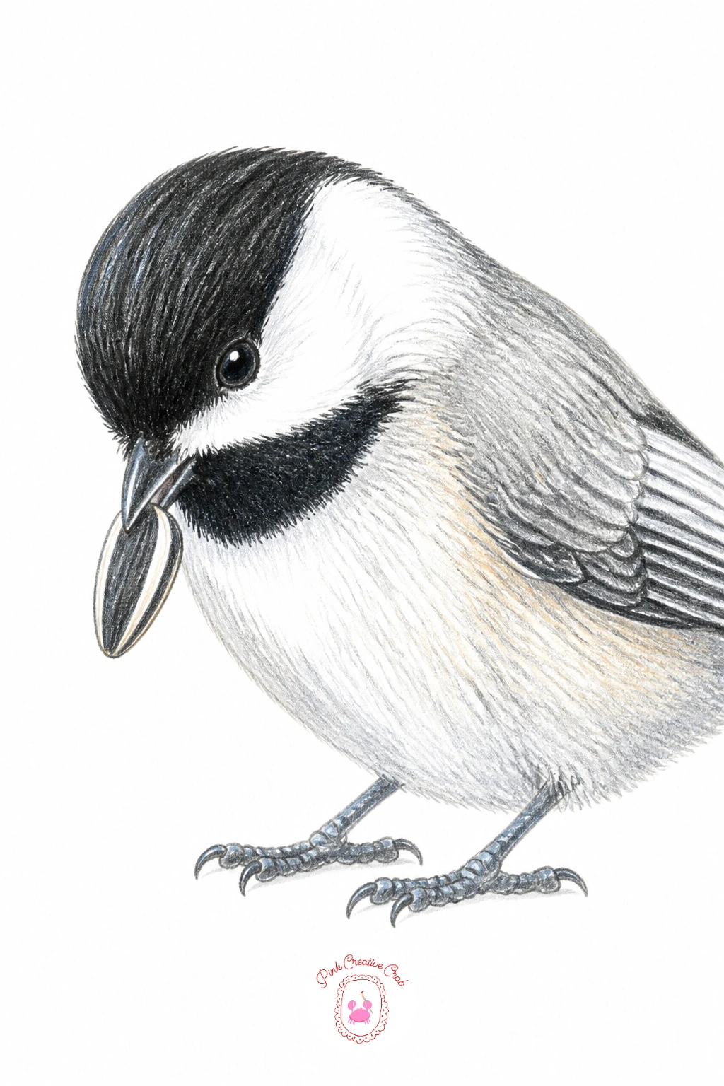 Chickadee With Sunflower Seed — Give your next chickadee a little action by having it hold a single sunflower seed in its beak. Birds drawing