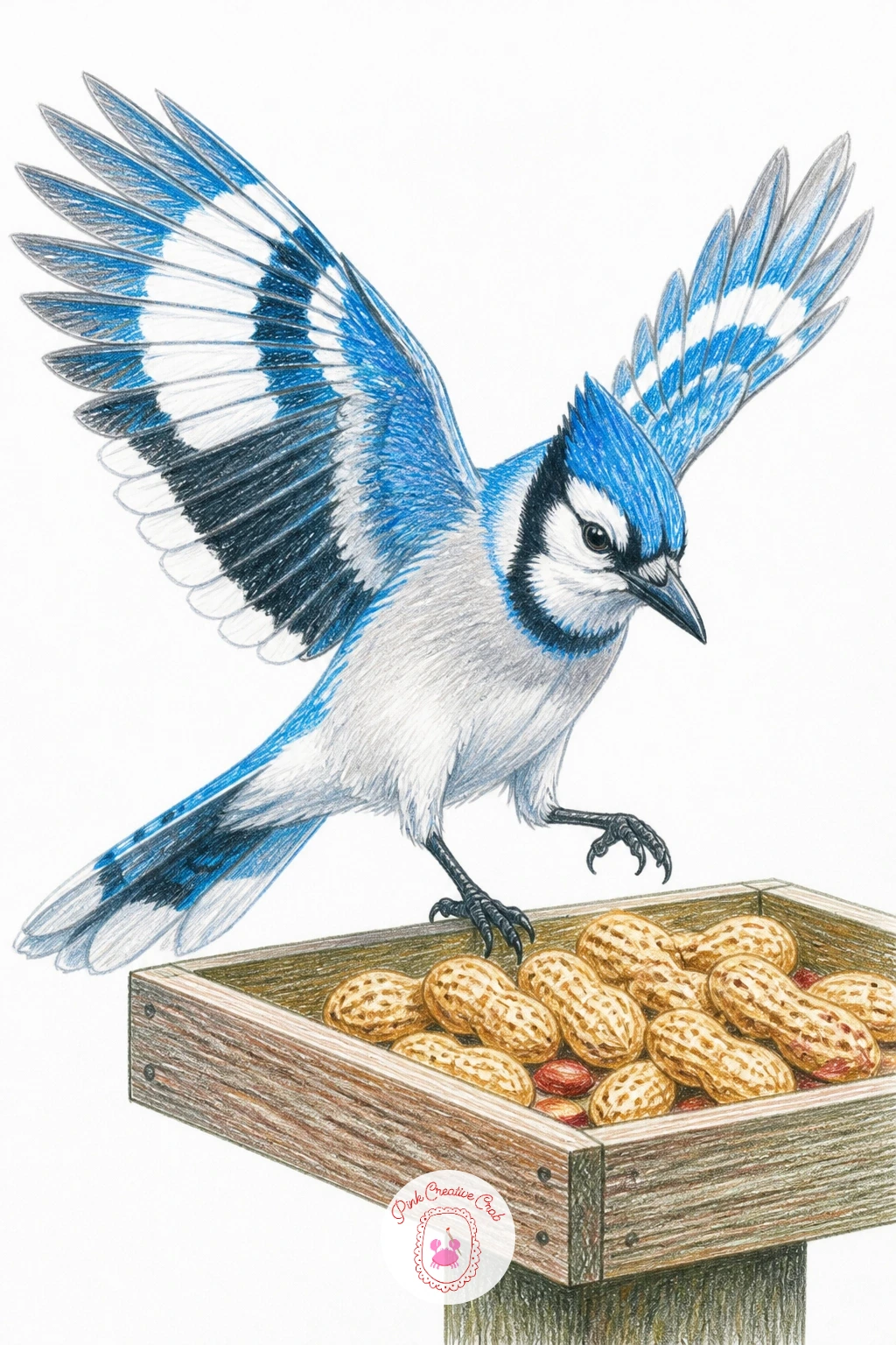 Blue Jay Landing On Peanut Feeder — Bring in a blue jay for a bigger, bolder bird with real motion in its pose. Birds drawing
