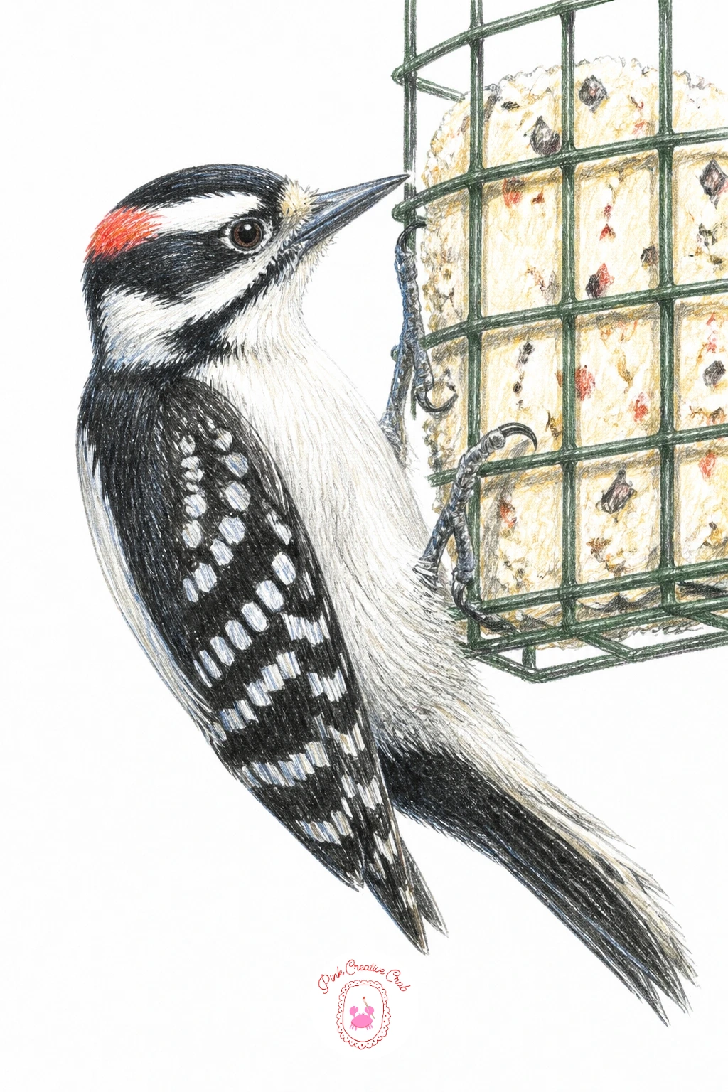 Downy Woodpecker At Suet Cake — Try a downy woodpecker clinging sideways to a suet feeder next, which is a good pose for practicing a bird gripping a vertical