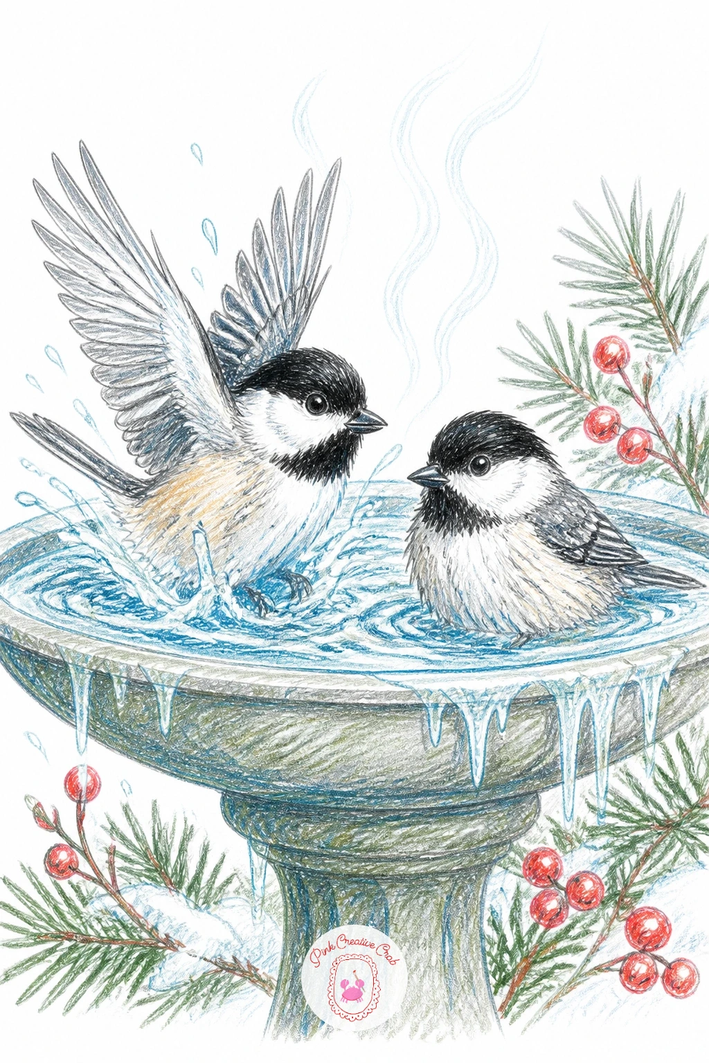 Chickadees Bathing In Heated Birdbath — Give two chickadees a heated birdbath with steam rising for a drawing that mixes birds with a bit of atmosphere. Birds