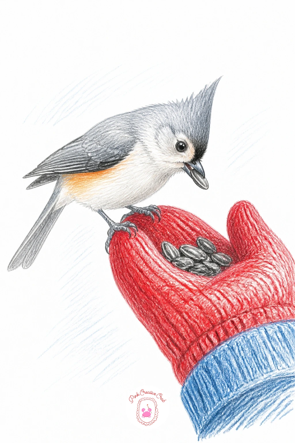 Titmouse Taking Seed From Mitten — Add a human touch with a titmouse taking a seed from an outstretched mittened hand. Birds drawing