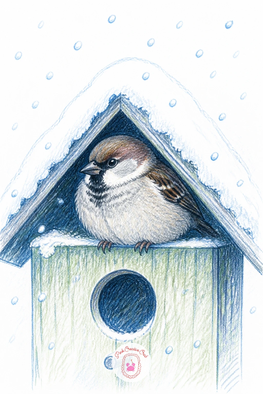 Sparrow Sheltering Under Birdhouse Roof — Place a single sparrow tucked under the little overhanging roof of a birdhouse, sheltered from falling snow. Birds