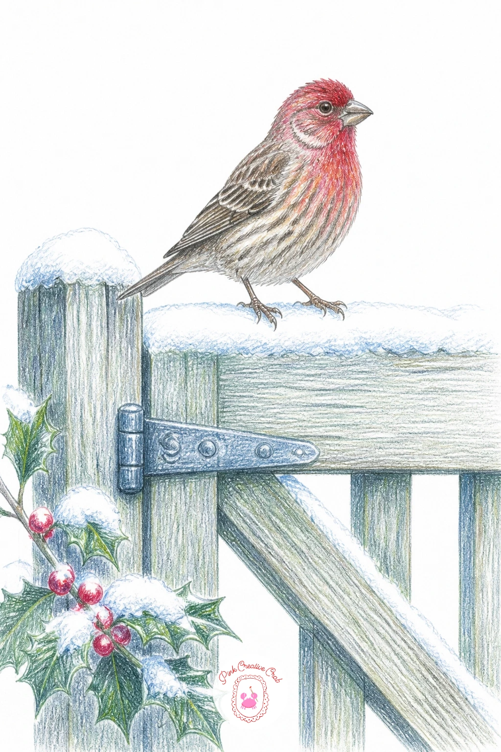 House Finch On Snowy Garden Gate — Perch a house finch on the top rail of a snowy garden gate for a drawing that pairs a bird with a bit of simple structure.