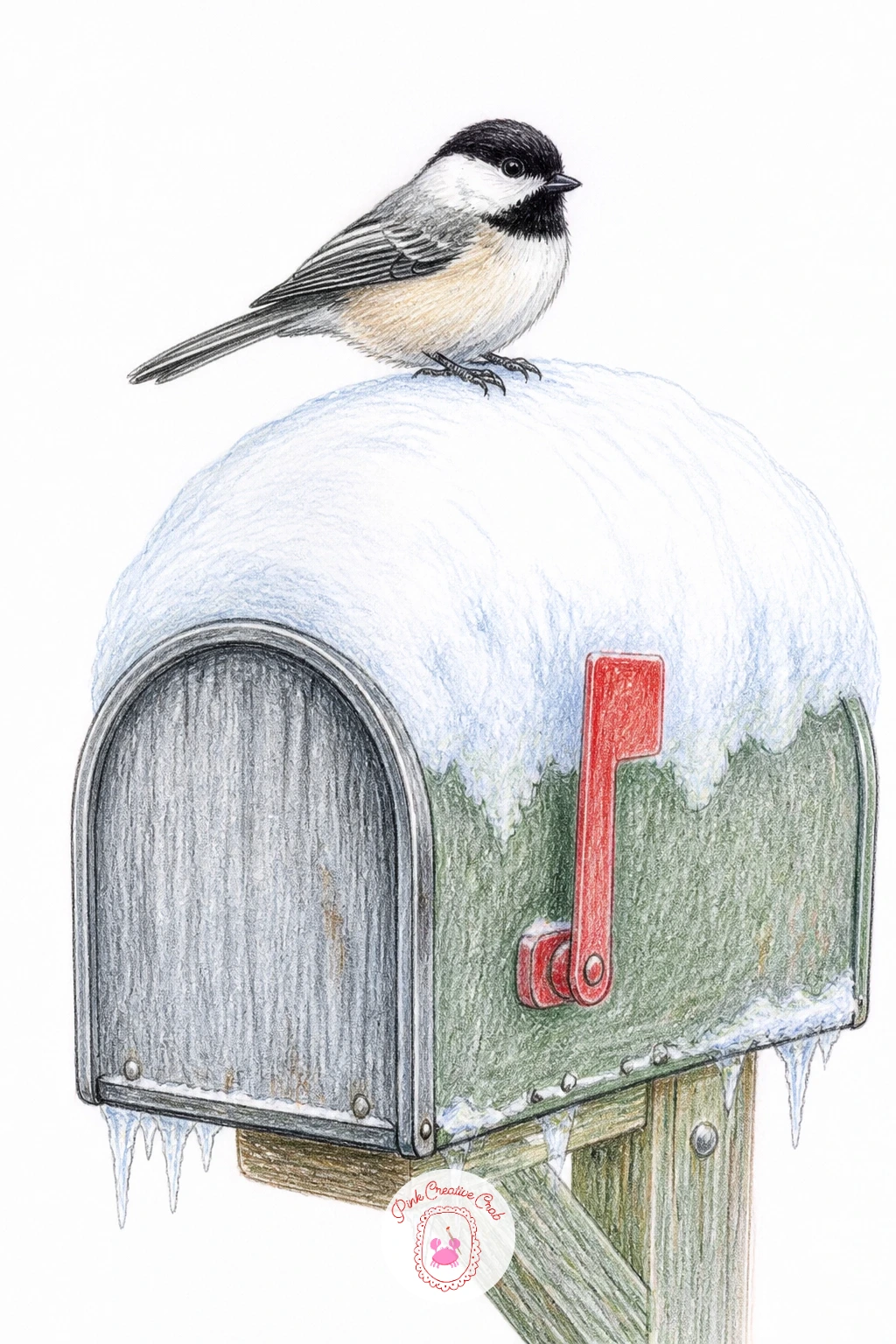 Chickadee On Snowy Mailbox — Set a chickadee on top of a snowy mailbox, a familiar bit of garden furniture that gives the drawing an easy sense of place. Birds
