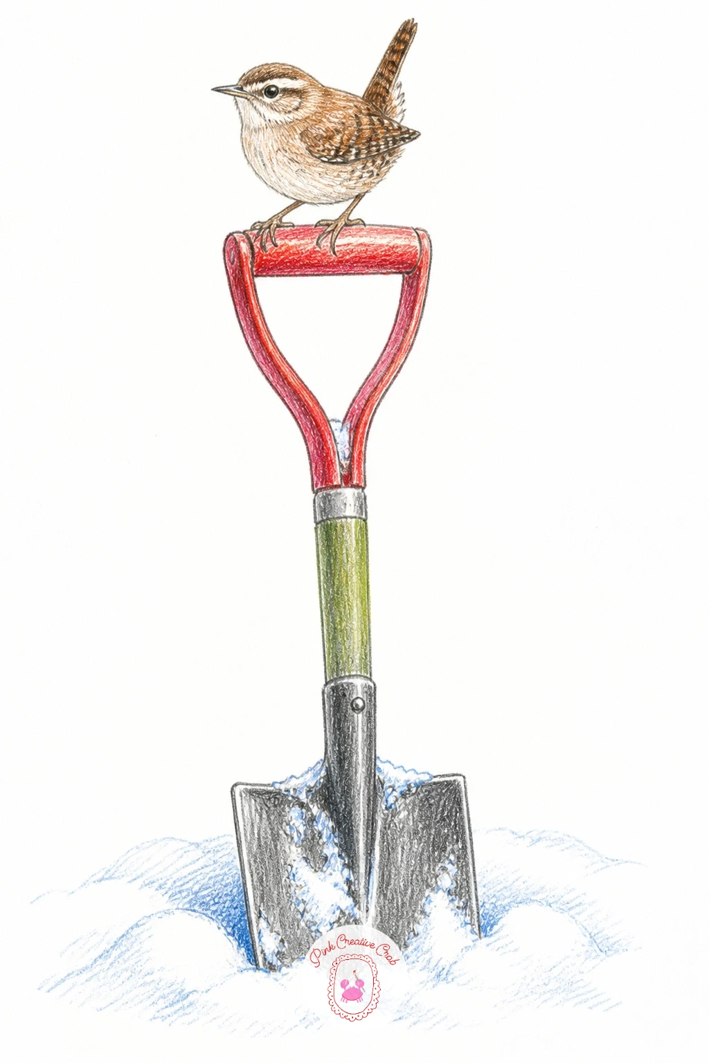 Wren On Shovel Handle — Draw a wren perched on the handle of a shovel left stuck upright in a snowbank, a composition with a nice bit of garden storytelling