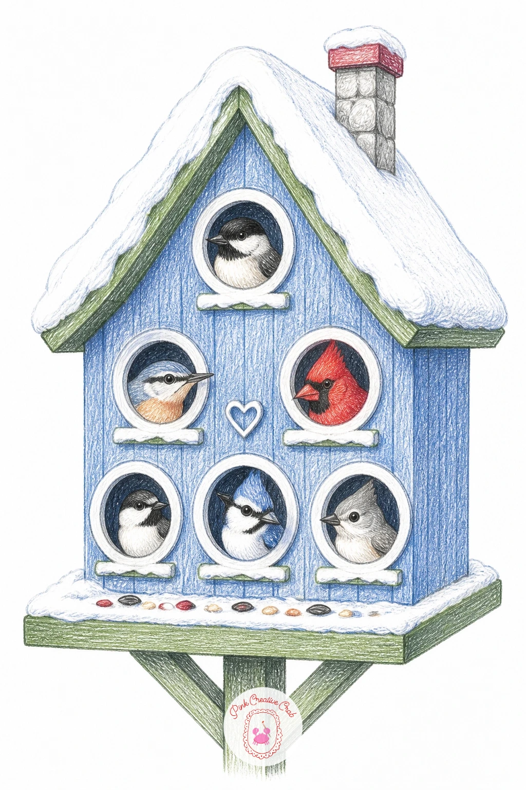Cottage Feeder With Bird At Every Window — Try a feeder shaped like a tiny cottage with a small bird peeking from each of its windows, a fun change of pace