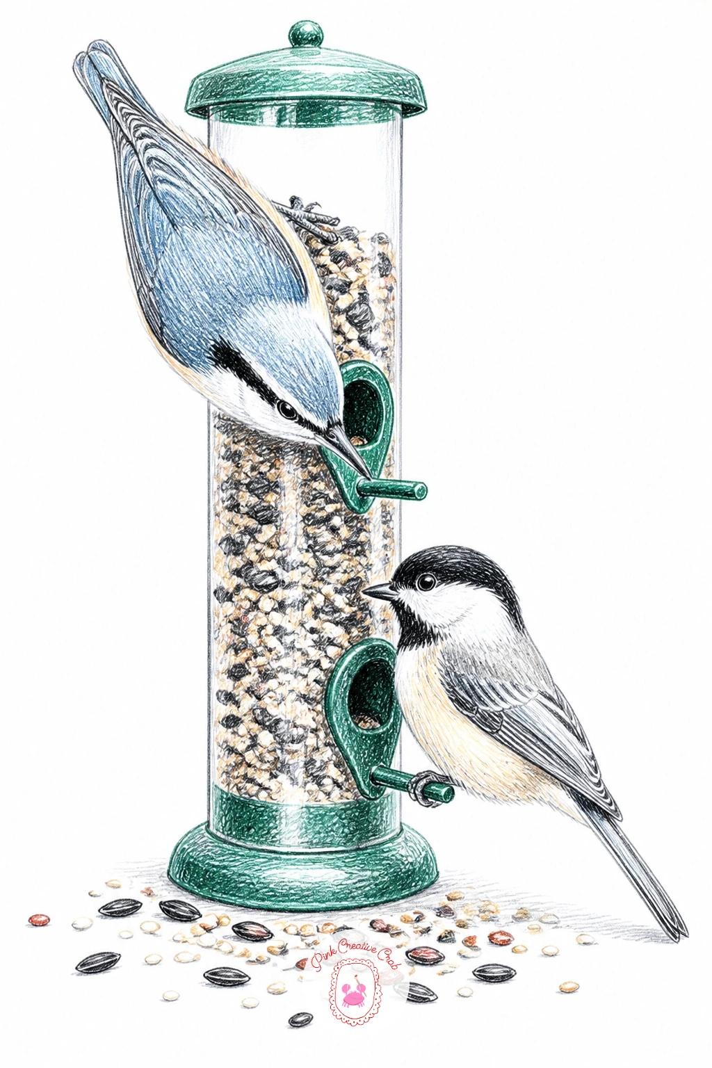 Nuthatch And Chickadee Sharing Feeder — Pair a nuthatch and a chickadee sharing one tube feeder for practice drawing two different bird shapes side by side
