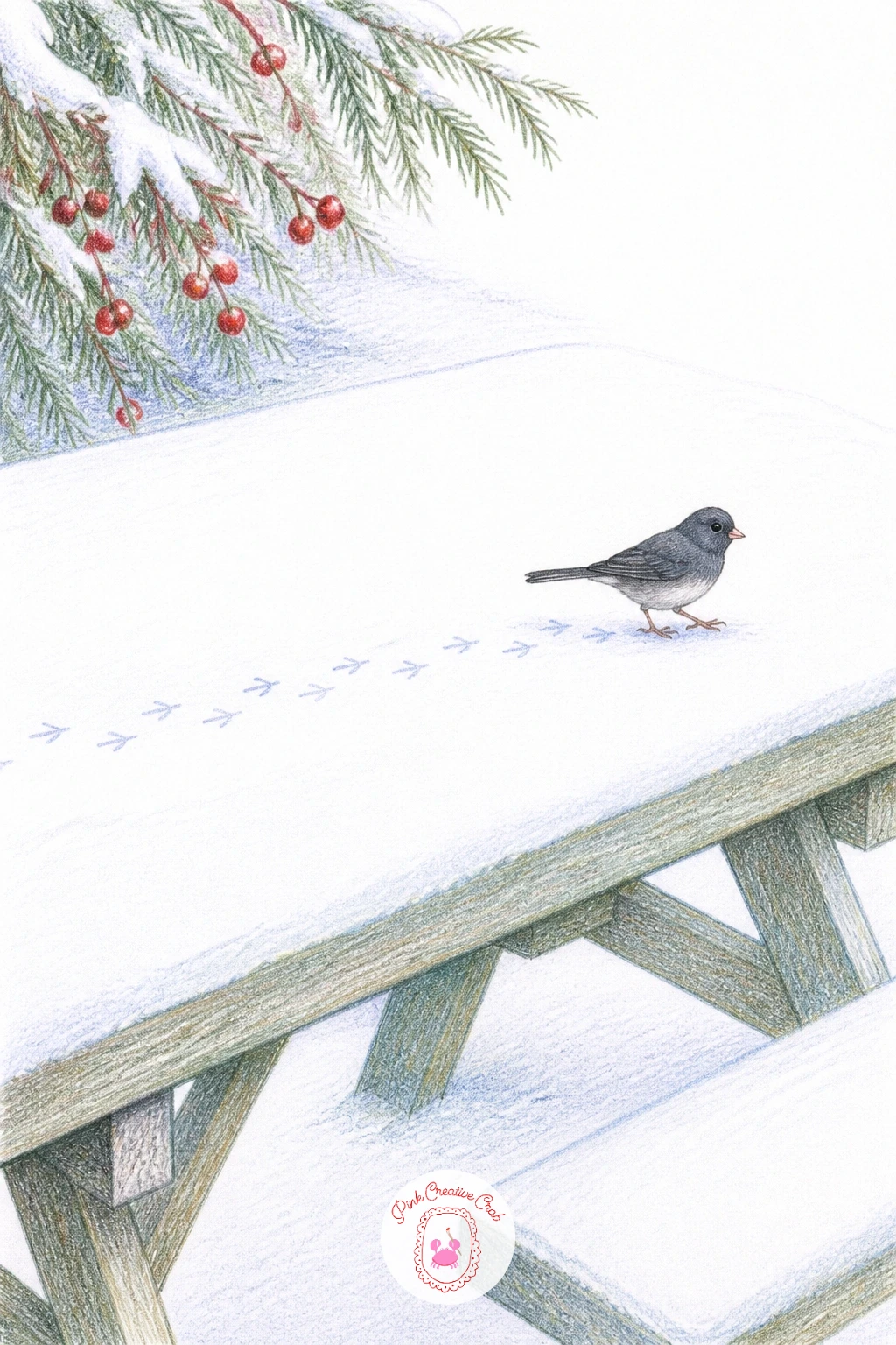 Junco Footprints On Snowy Picnic Table — Draw a junco mid-stride across a snow-covered picnic table, leaving a neat trail of tiny footprints behind it. Birds