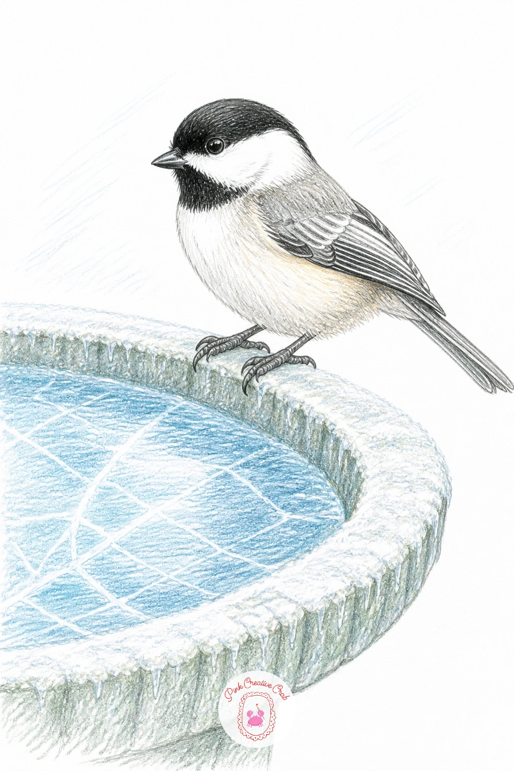 Chickadee On Frozen Birdbath Edge — Perch a chickadee on the icy rim of a frozen birdbath for a quieter, stiller companion to the splashing bathers drawn
