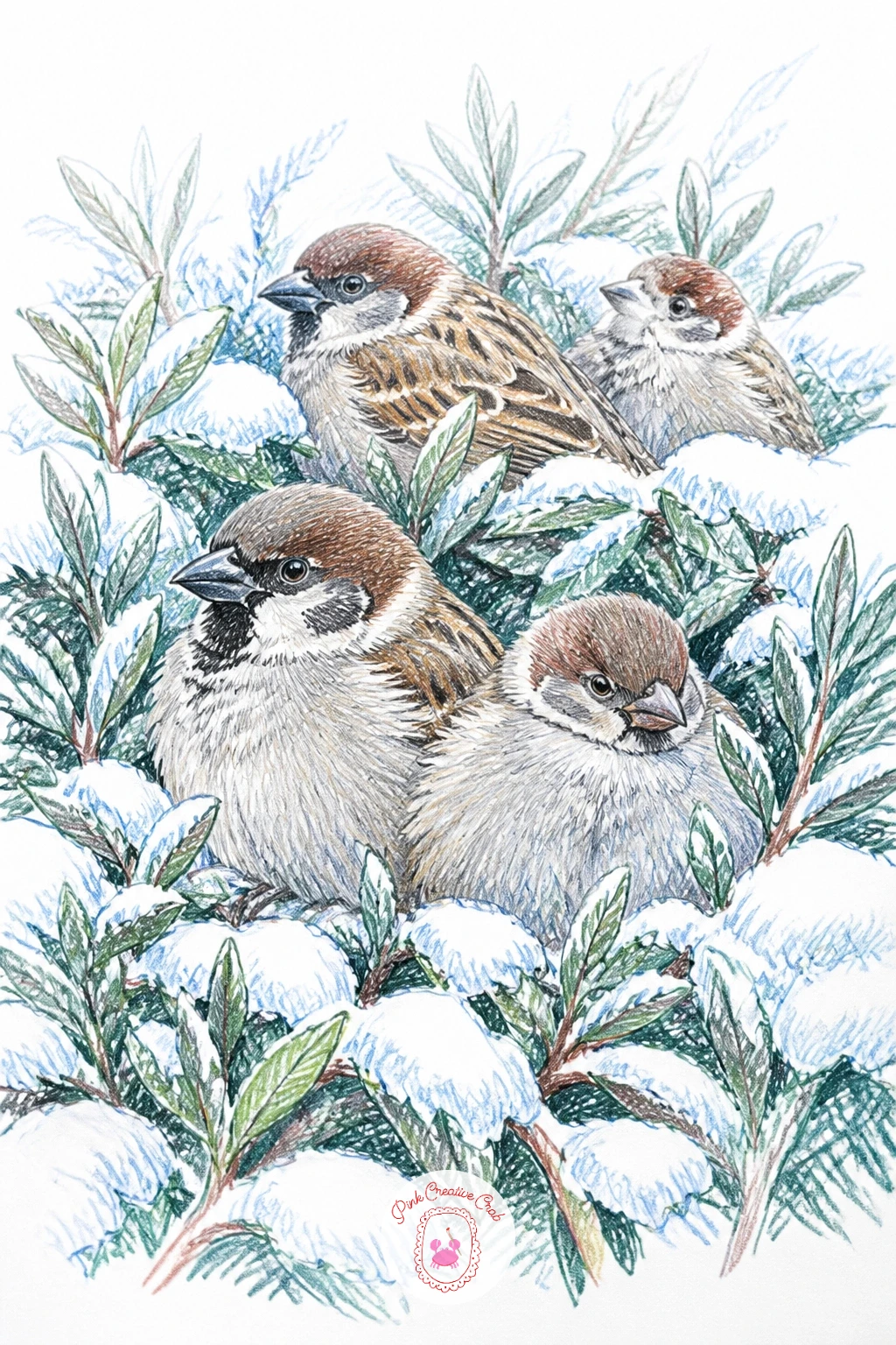 Sparrows Sheltering In Snowy Hedge — Tuck a small group of sparrows into a snow-dusted hedge for a drawing built more from texture than individual detail.
