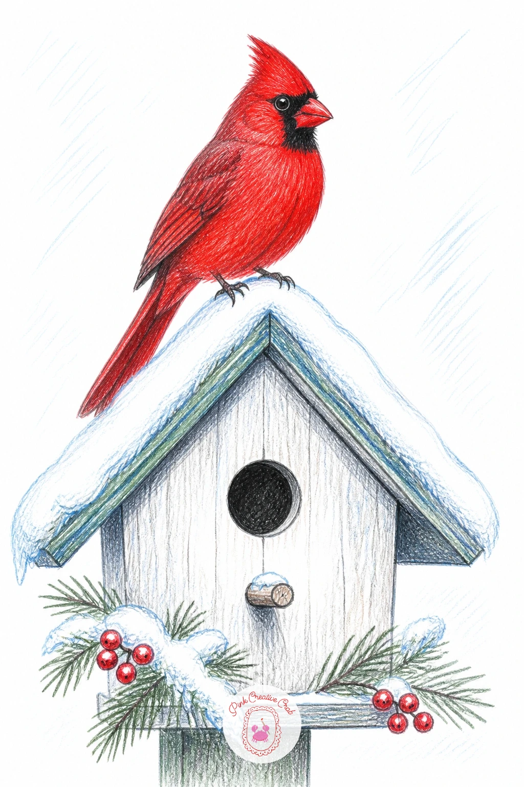 Cardinal On Snowy Birdhouse Roof — Give your second cardinal a perch on the snowy peaked roof of a birdhouse, standing bold and solitary against the white.