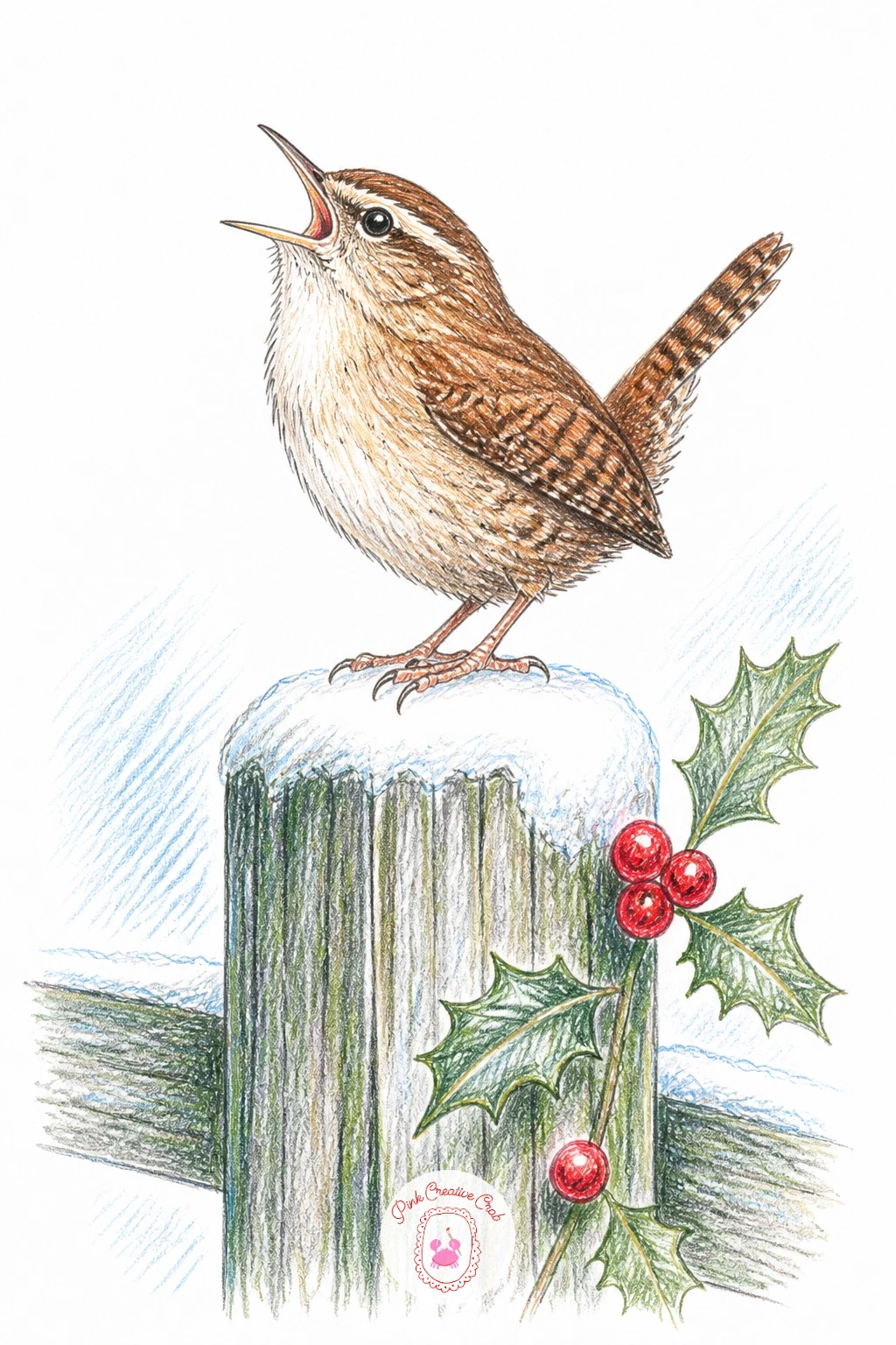Wren Singing On Fence Post — Draw a wren singing from the top of a snowy fence post, head tipped back and beak open mid-song, for a pose with more energy than