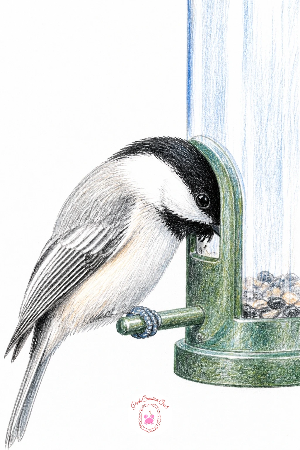 Chickadee Peering Into Empty Feeder — Finish close to where you started with a chickadee peering into an empty feeder, head tilted and tucked close to the