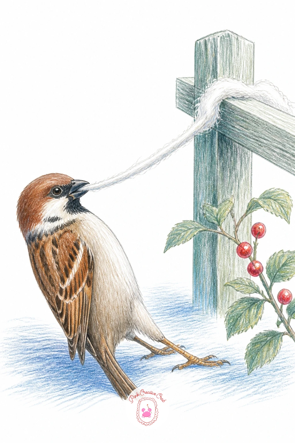 Sparrow Pulling Wool From Fence — End the set with a sparrow tugging a loose strand of wool free from a garden fence, likely gathering material for a spring