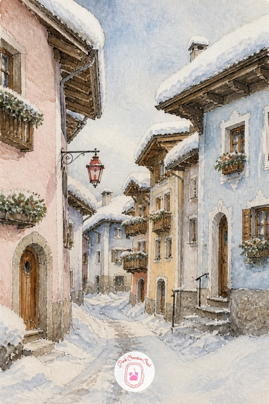 Narrow Alpine Lane of Chalets — Start with the easiest version of a village street: a narrow alpine lane where painted chalets lean in close on both sides.
