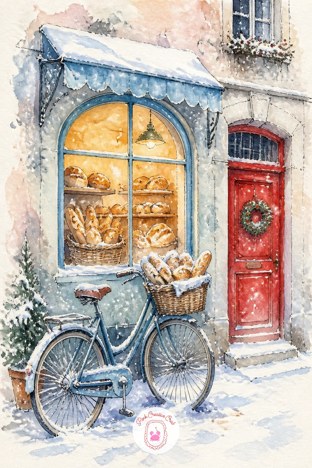 Village Bakery With Bicycle in Snow — Move from a street to a single shopfront with the village bakery, parked bicycle and bread basket waiting outside in the